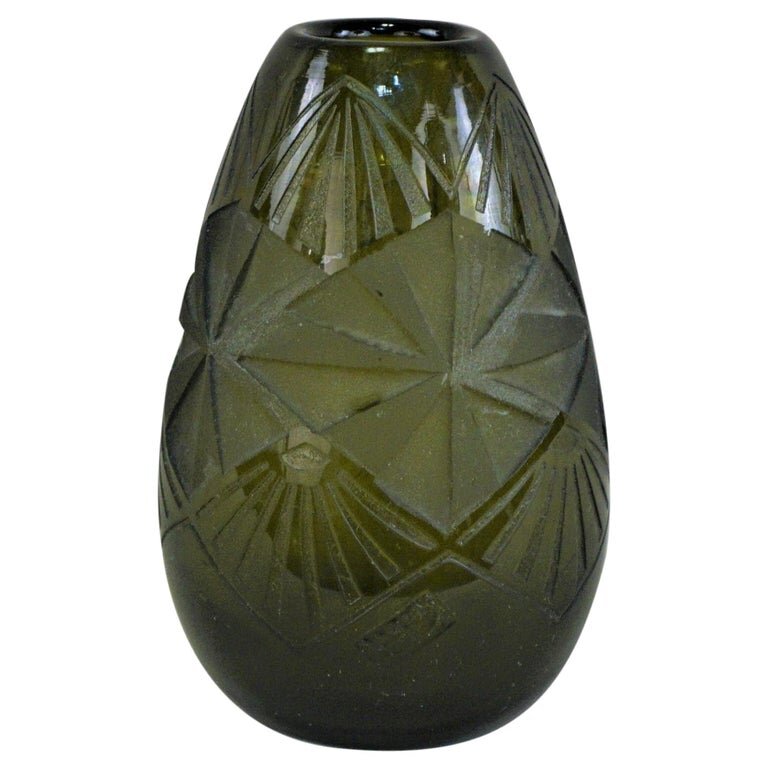 Smoked Green Art Deco Glass Vase By Legras - Lu913620288372 — Artisan Lamp