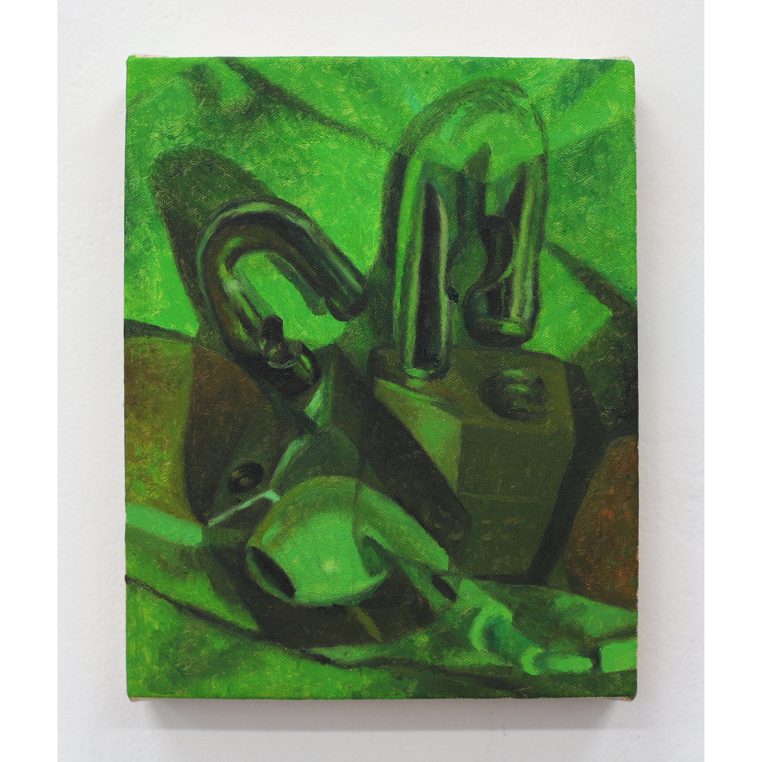  Evan Mazellan,  Locks and Earpiece , 2022, Oil on canvas, 10 x 8 inches 