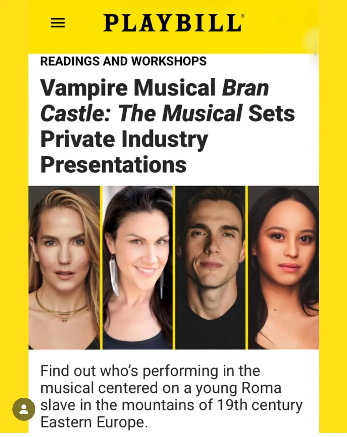 Natalie Ballenger joins “Bran Castle: The Musical” Industry Workshop Presentation. 