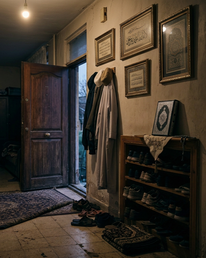 The image shows an entryway with a wooden door open to the outside. There are several framed artworks or calligraphy pieces on the wall. A coat rack holds a hat and a few jackets. A shoe rack with multiple pairs of shoes and slippers is next to a small table draped with a cloth. There are slippers and shoes scattered on the floor, and a rug near the door. The lighting is warm and dim.