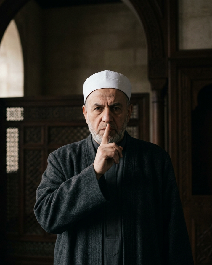 A serious older man with a white beard and mustache, wearing a white religious cap and a dark robe, holding a finger to his lips in a shushing gesture inside a dimly lit room with wooden decor.