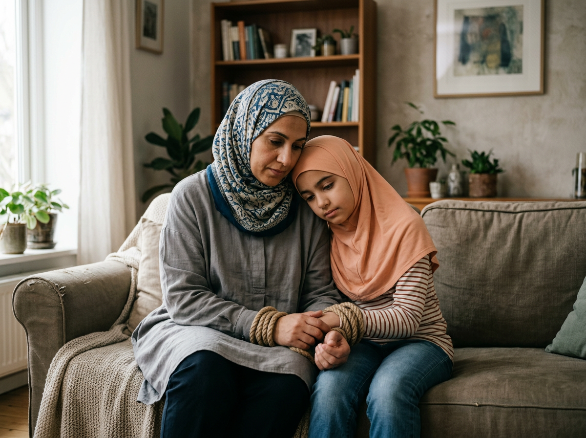 A woman and young girl sitting on a couch, holding hands and looking down with somber expressions. The woman is wearing a patterned headscarf, and the girl is wearing a peach-colored headscarf. The setting is a cozy living room with a bookshelf and plants in the background.