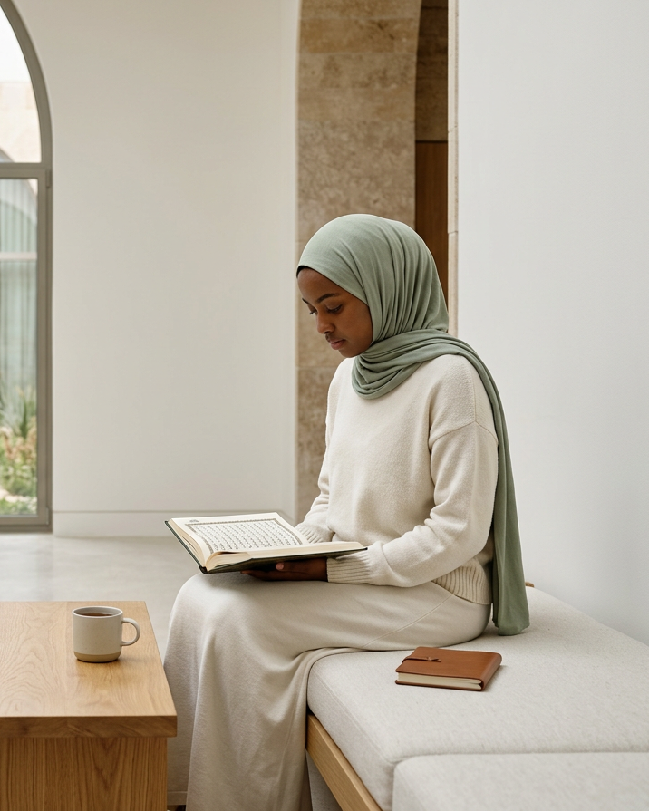 A woman wearing a hijab and cream-colored sweater sitting on a bench, reading a book, with a cup of coffee and another closed book on a wooden table in front of her.