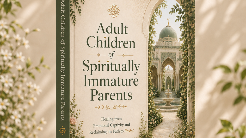 Book cover titled "Adult Children of Spiritually Immature Parents" with a serene garden scene in the background, showing a fountain and architectural structure with green domes.