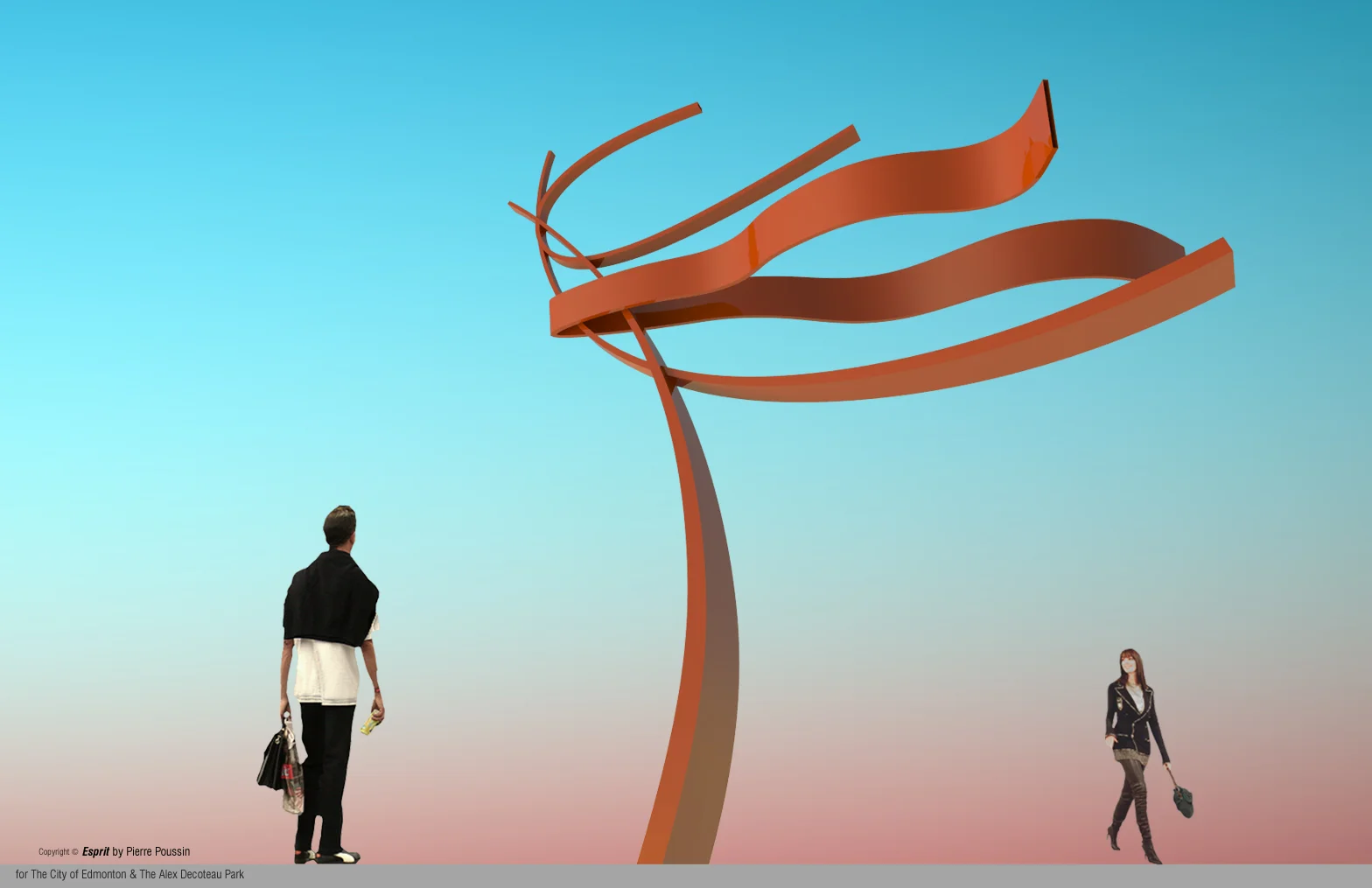 Esprit will be a laser-cut metal sculpture, fabricated with multiple ribbon-shaped aluminum pieces, that seeks to celebrate, honor, and symbolize the progressive and groundbreaking spirit of Alex Decoteau, a Canadian Hero who was the first Aboriginal-Canadian police officer, constable, War Veteran, Canadian Olympic runner and inducted in the Edmonton Sports Hall of Fame. Installation 2017.