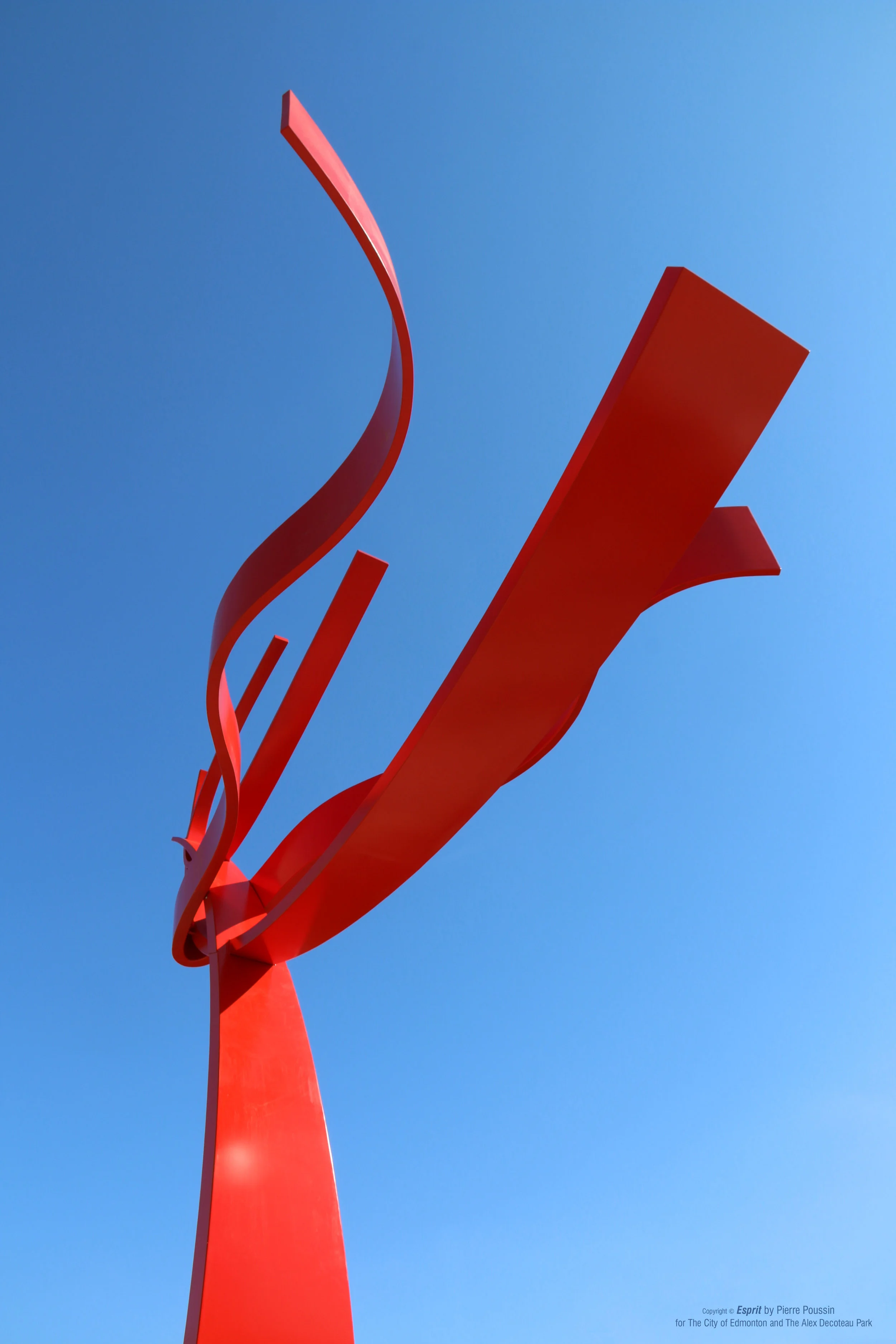 Esprit is a laser-cut metal sculpture, fabricated with multiple ribbon-shaped aluminum pieces, that seeks to celebrate, honor, and symbolize the progressive and groundbreaking spirit of Alex Decoteau, a Canadian Hero who was the first Indigenous-Canadian police officer, constable, War Veteran, Canadian Olympic runner and inducted in the Edmonton Sports Hall of Fame. Photo by Jeff Ho.