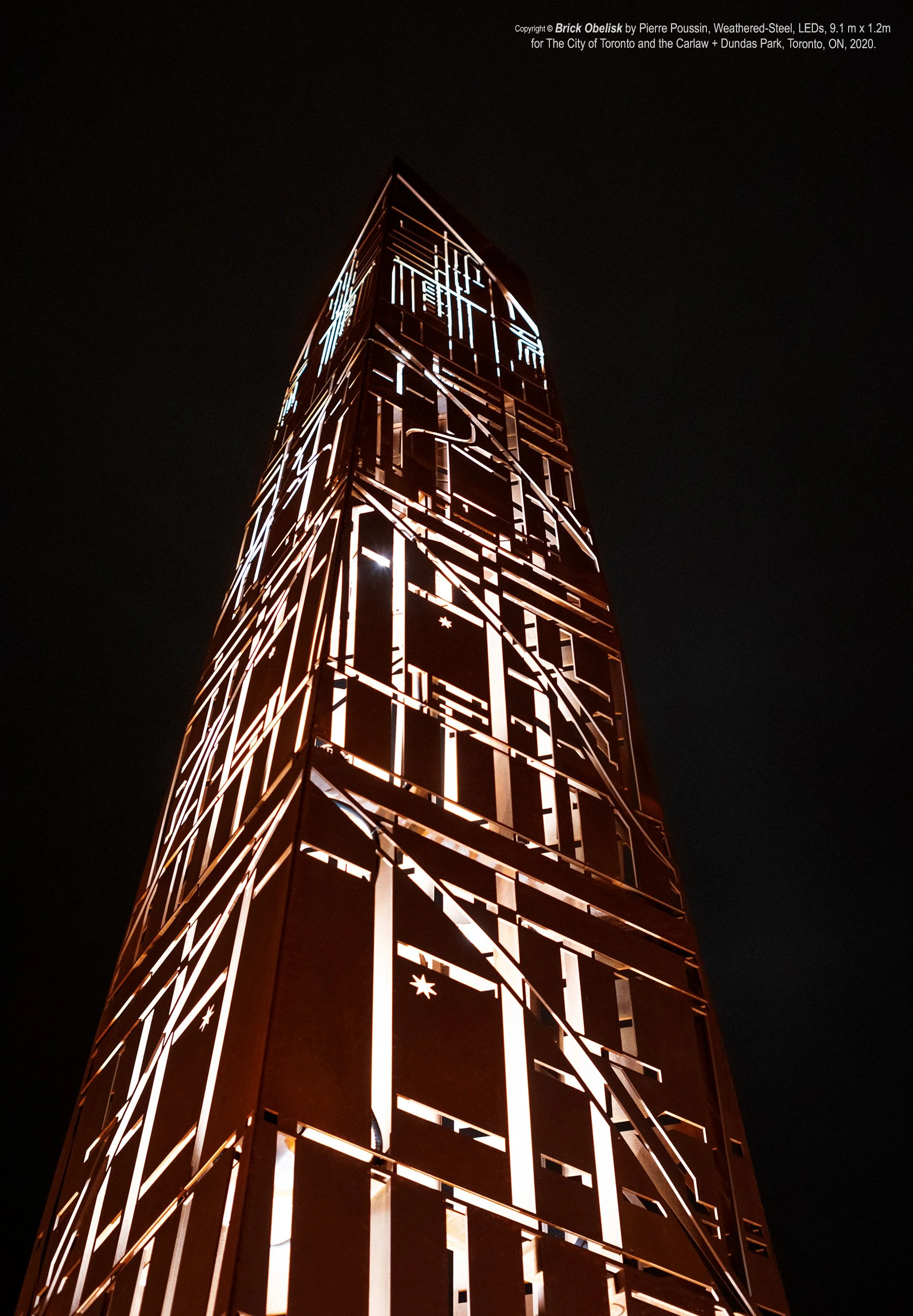 Brick Obelisk was created to help celebrate the City of Toronto’s Carlaw & Dundas neighborhood with its various documented historical stages, as an intricately patterned monument, crafted out of waterjet-cut Corten Steel with backlit LEDs. It