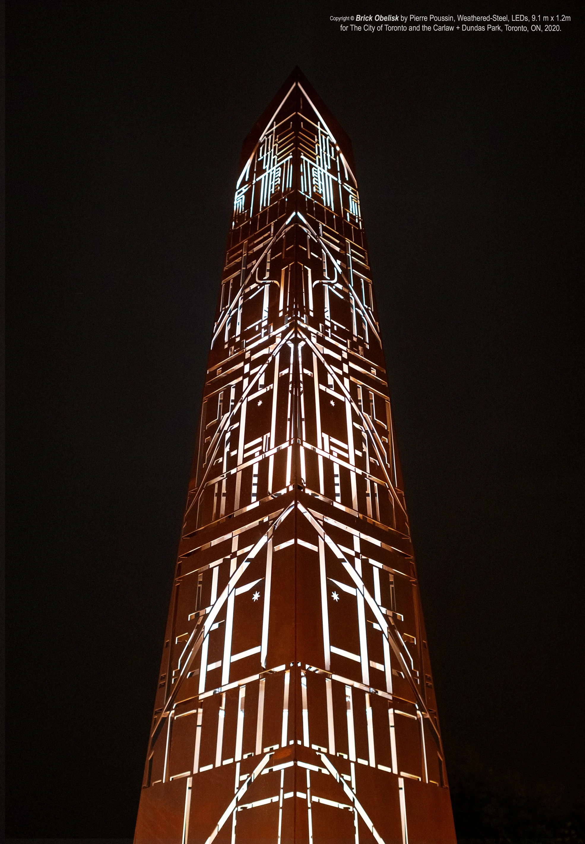 Brick Obelisk was created to help celebrate the City of Toronto’s Carlaw & Dundas neighborhood with its various documented historical stages, as an intricately patterned monument, crafted out of waterjet-cut Corten Steel with backlit LEDs. It