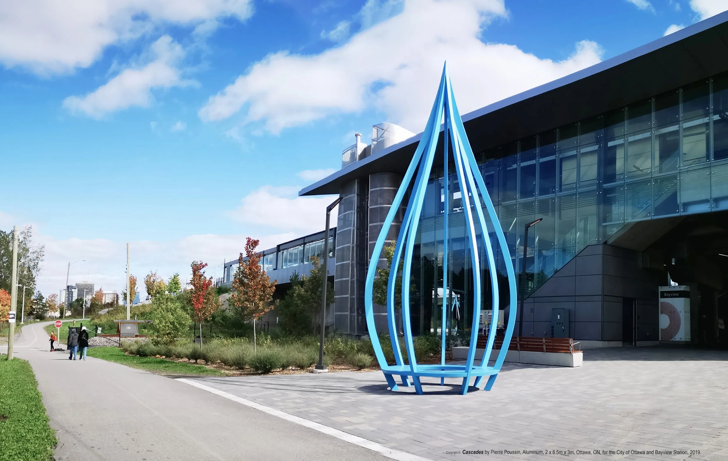 Cascades is a pair of sculptural aluminum pieces doubling as public seating and gathering areas, based on the convergence of three adjacent rivers. The inspiration was drawn from the area’s archaeological importance as one of Canada’s earliest sit