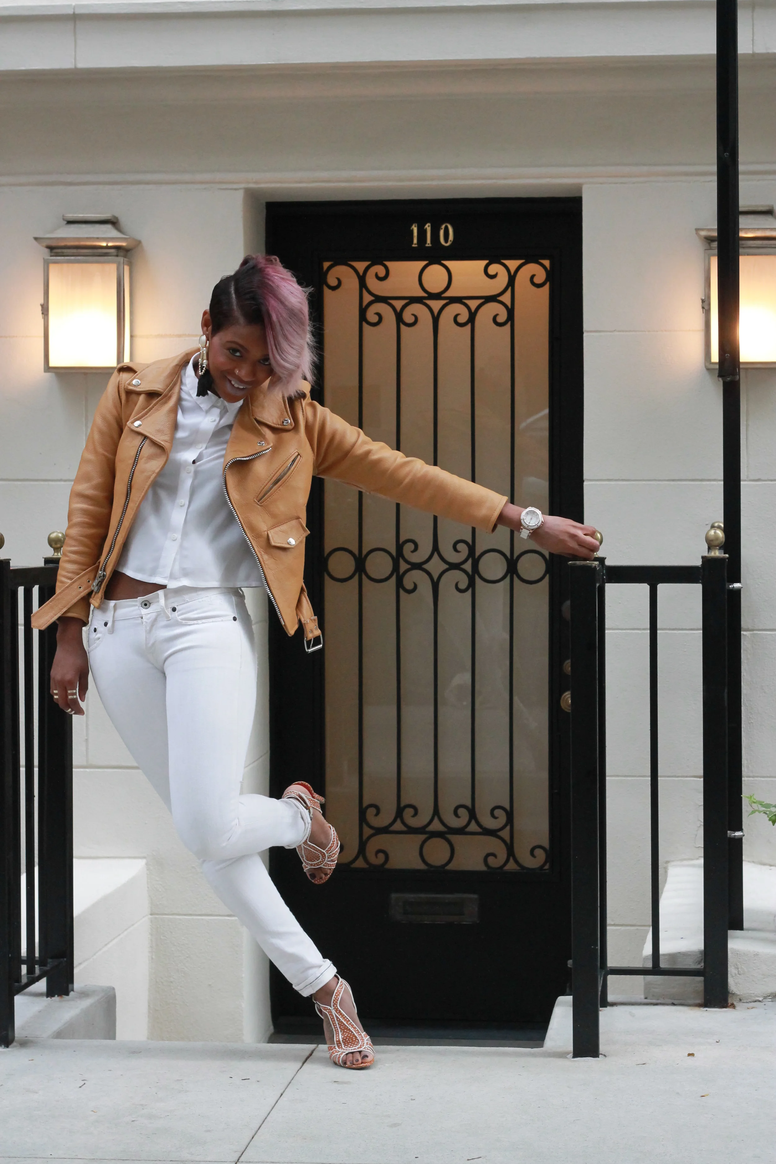 Thrifted Leather Jacket, H&M Top, Rugby Ralph Lauren Jeans, Charles Jourdan Shoes, Michael Kors Watch, Illamasqua Lipstick, and H&M Jewelry.