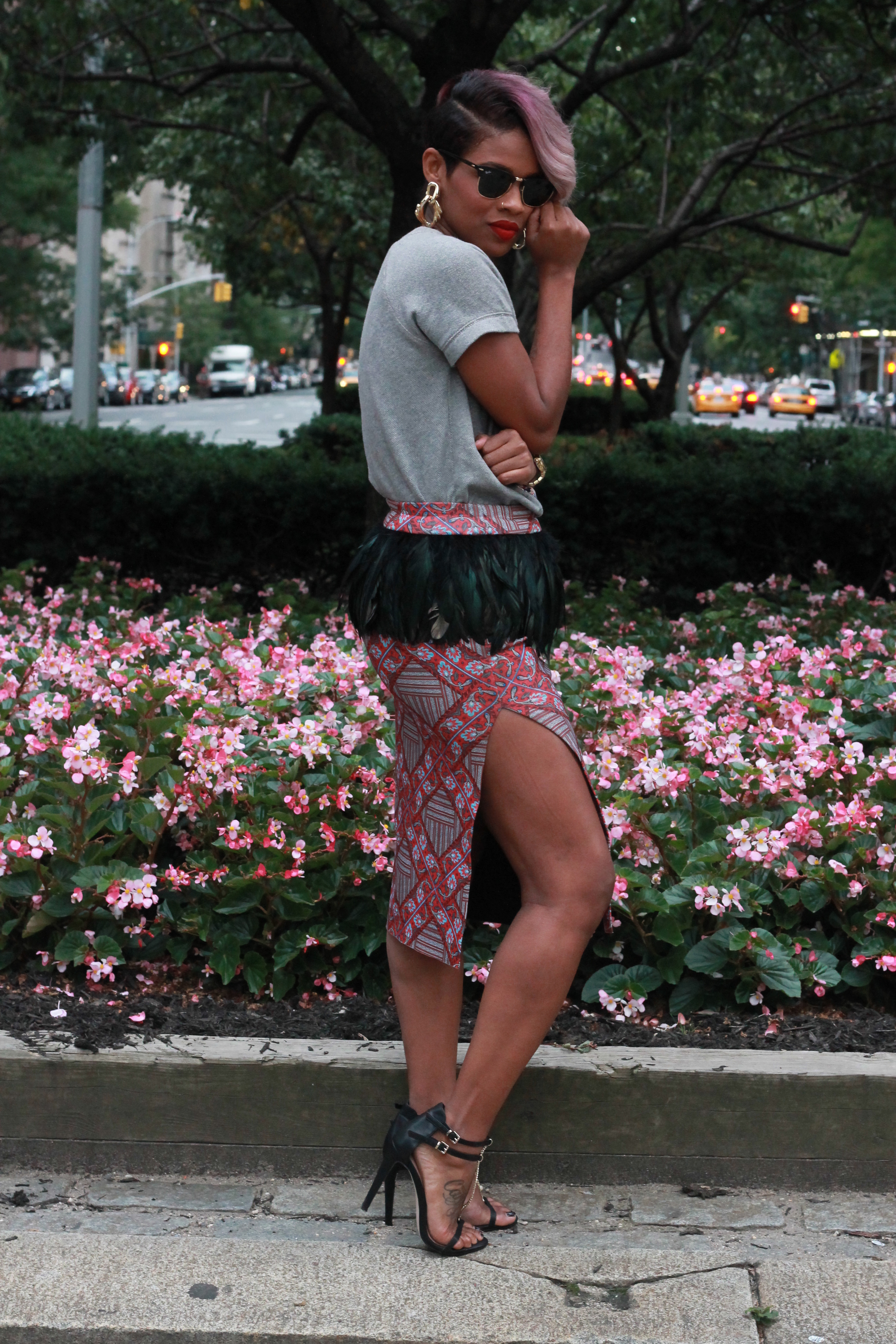 J Crew Sweatshirt, Something by Sonjia Skirt, ASOS Sandals, Rayban Sunglasses, Michael Kors Watch, Thrifted Earrings, and Sephora Lipstick. 