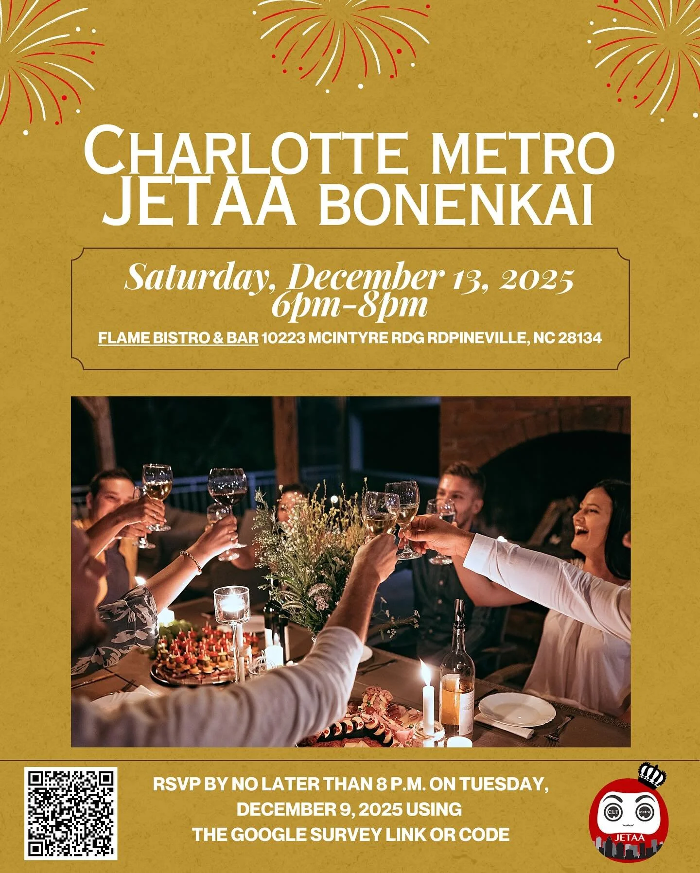 🎉Celebrate the end of the year with us! Join us at the CLT Metro JETAASE Sub-Chapter&rsquo;s 2025 Bonennkai! 

🎉RSVP Deadline: Tuesday December 9th

🎉Details: To be held at Flame Asian Bistro &amp; Bar in Pineville, NC on Saturday, December 13th a