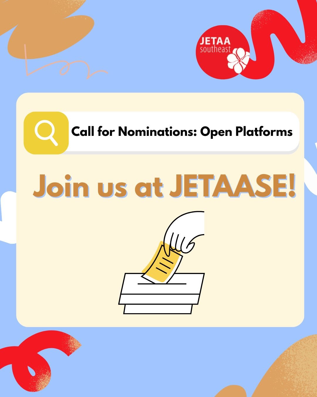 Do you want to make friends, stay connected to your time on JET and be involved in the Japan community in the Southeast? Now&rsquo;s your chance - become a JETAASE officer!

February 16th - 23rd: Self-nominations due
February 25th - 27th: Voting peri