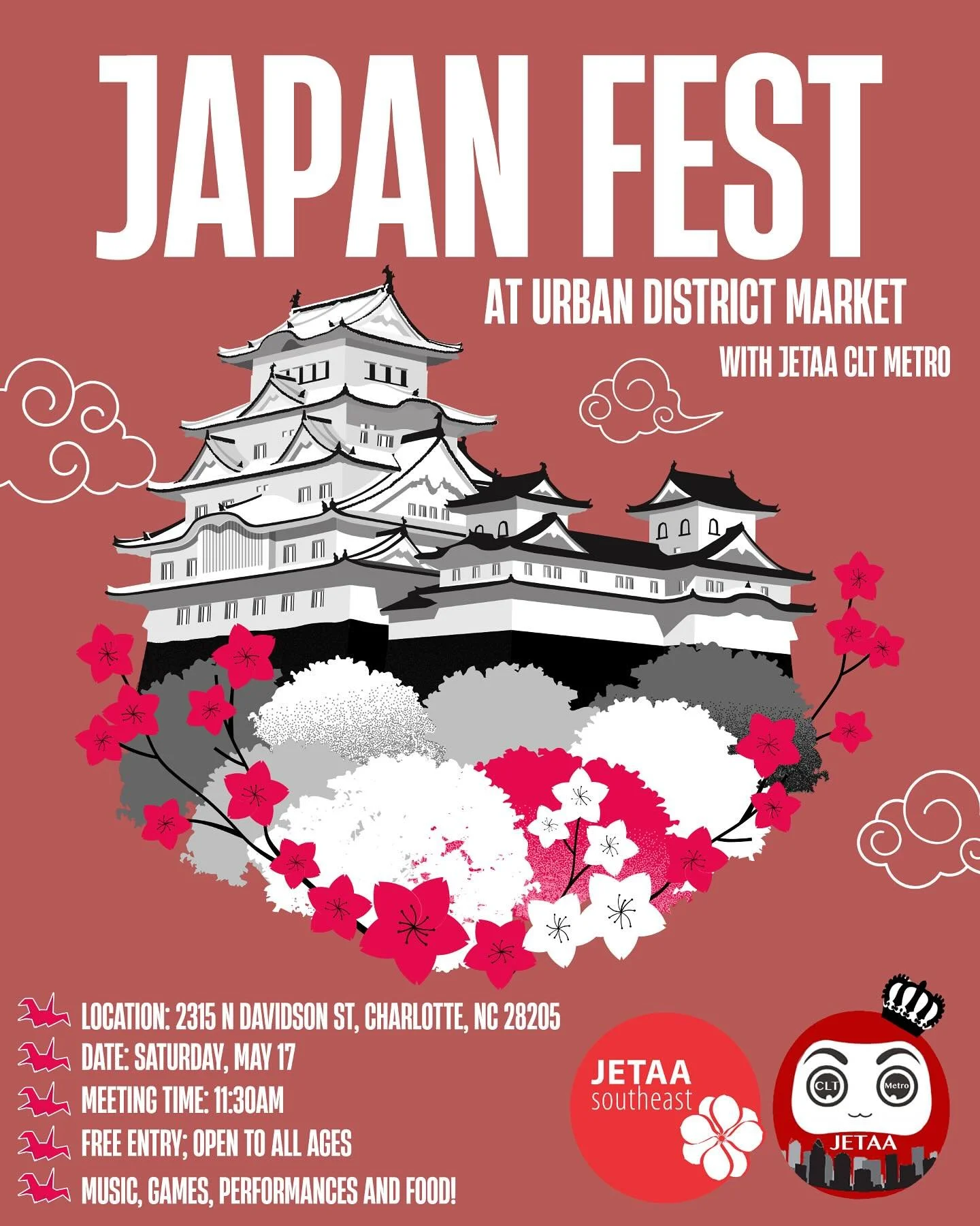 Join CLT Metro JETAA at Urban District Market for Japan Fest on May 17th at 11:30am. The event is open to all ages with music, games, food and performances all lined up throughout the day. We hope to see you there!