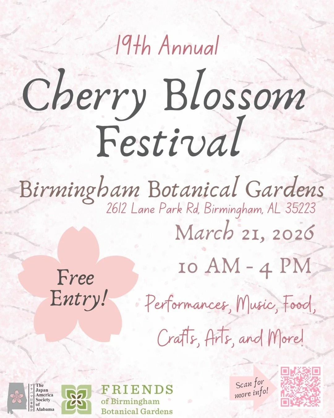 Alabama JET Alumni 🌸

If you&rsquo;re planning to attend the Cherry Blossom Festival at the Birmingham Botanical Gardens on Saturday, March 21, be sure to stop by and say hello!

Our JETAASE Alabama Subchapter Rep, Ingrid Galinat, will be at the JAS