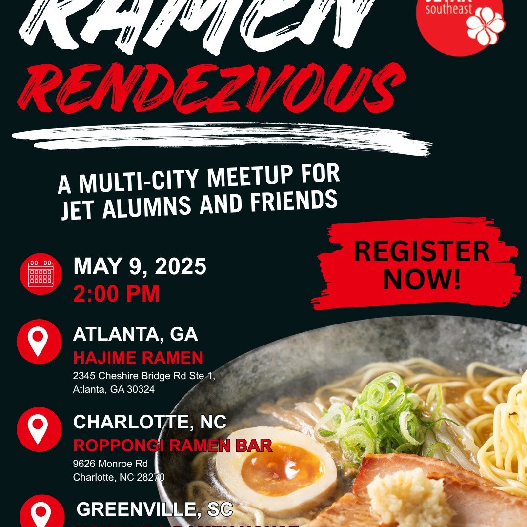 t&rsquo;s not just about the ramen. But it's absolutely about the ramen.
Whether you just got back from Japan or it&rsquo;s been years, this is an easy way to reconnect with the JETAA community.
Join us for good food and good people!

📅 May 9 at 2 P