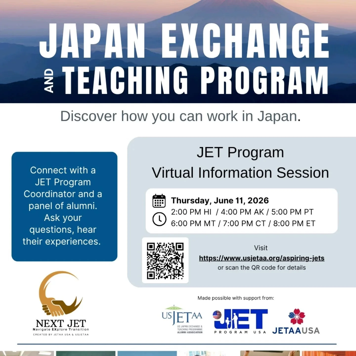 Interested in living and working in Japan? Join the upcoming Virtual JET Program Information Session hosted by USJETAA on Thursday, June 11, 2026!

Whether you&rsquo;re just starting to explore the JET Program or getting ready to apply, this free ses