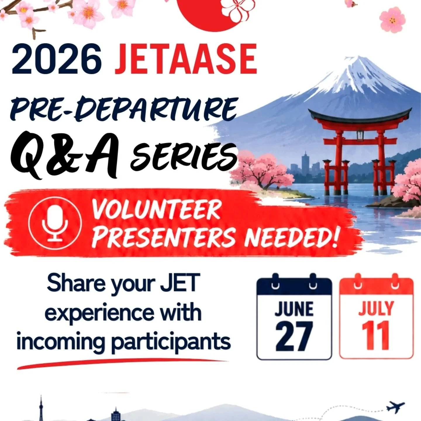 Calling all JET alumni!

JETAASE is looking for volunteers to participate in our 2026 Pre-Departure Q&amp;A Series! Help incoming JETs prepare for life in Japan by sharing your experiences, advice, and insight.

Topics include:
📚 Teaching Basics
🎲 