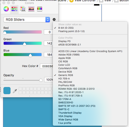 Choosing a specific color space in the Xcode Color Picker.