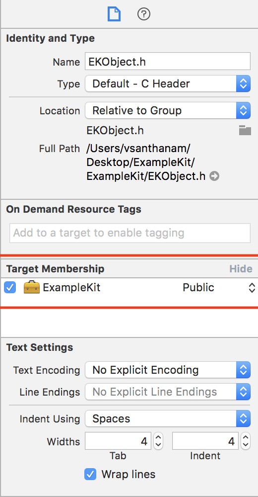 The file identity and type inspector of a header file, "EKObject.h", in Xcode 9.x