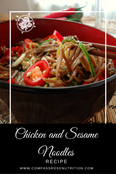 Chicken and sesame noodles recipe- blog post graphic