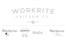 Black and white logo for Workrite Uniform Co., established 1973, featuring text and four smaller icons related to work and wall services.