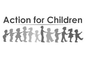 Logo for Action for Children featuring stylized gray children holding hands