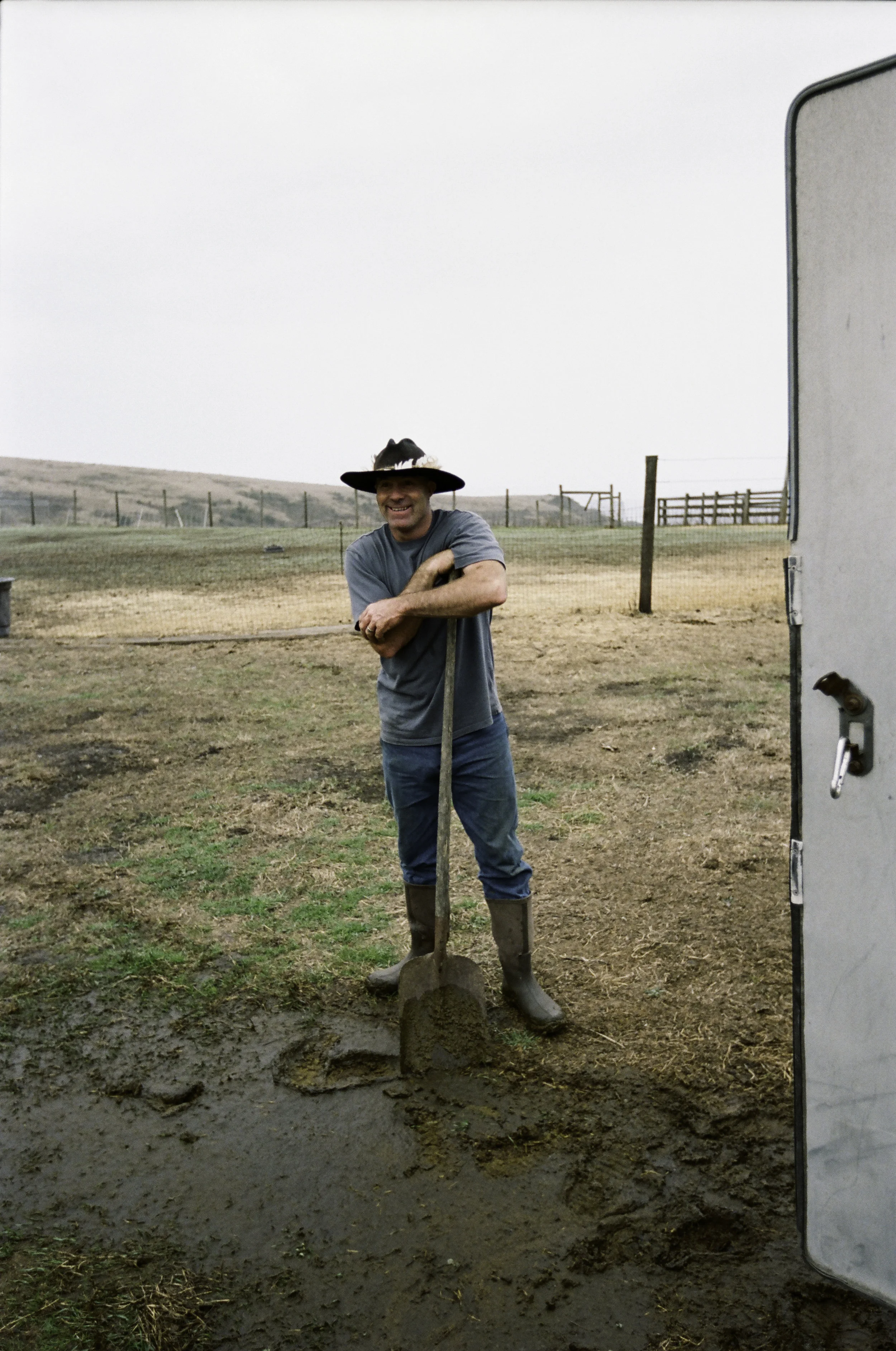 Erik taking a quick break while cleaning the trailer. - San Gregorio, CA