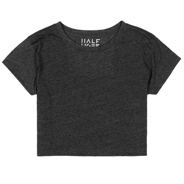 Half Tiger Womens Crop Top Standard crew neck with a cropped bottom hem that hits just right. Similar to the Half Tiger Womens Muscle, but with finished sleeves. Get ready to make it summer all year round. Available in Snow and Heather Onyx.