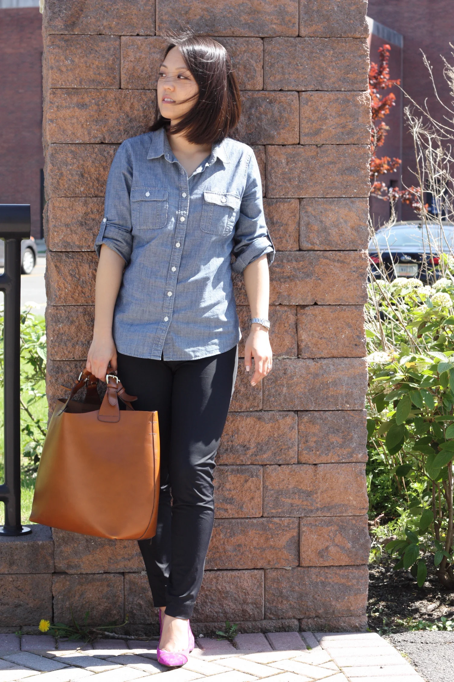chambray shirt: jcrew, pants: from a boutique in korea, bag: zara, shoes: enzo angiolini