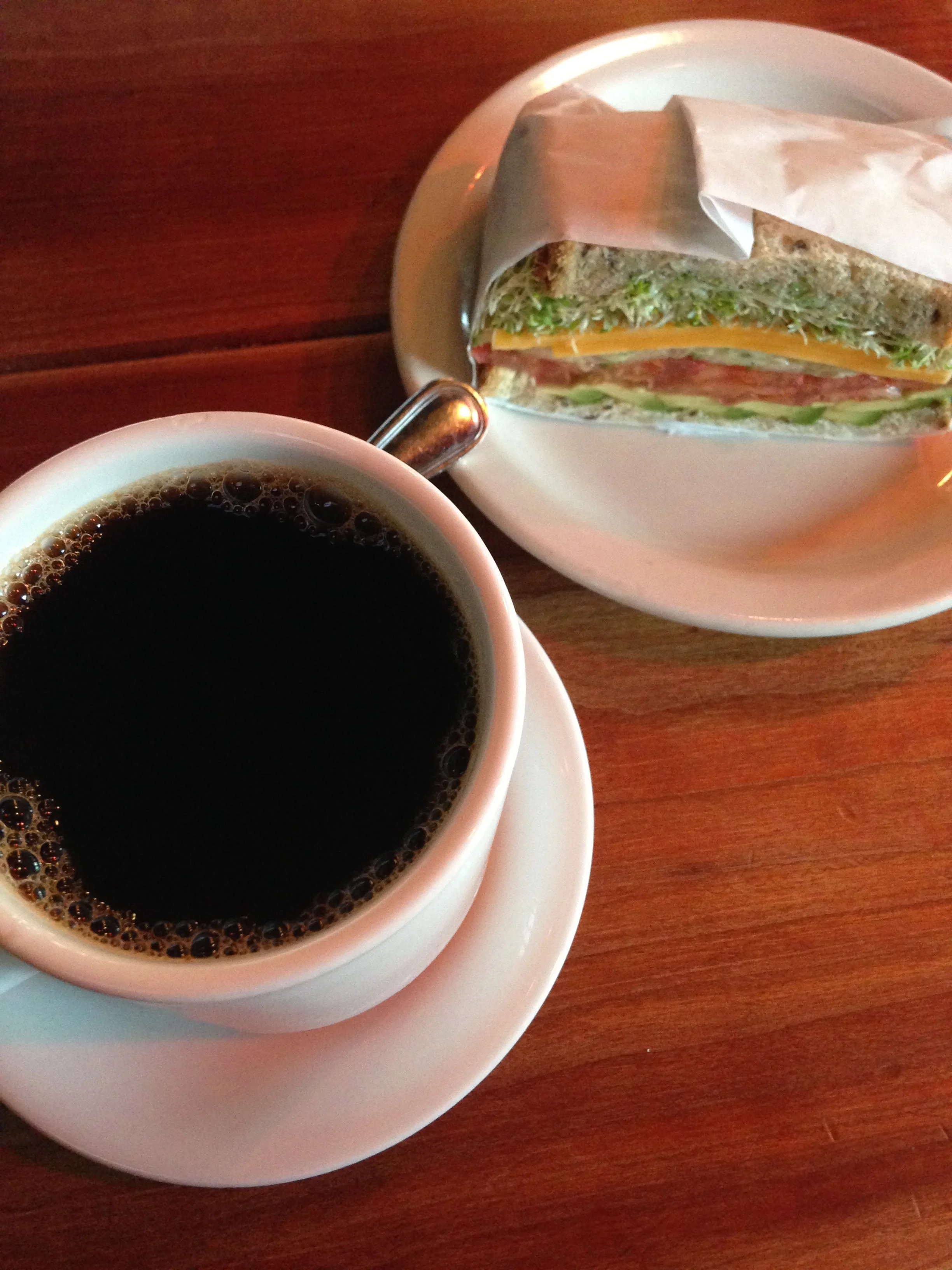 a quiet moment after work at a favorite cafe. a yummy veggie sandwich & hazelnut coffee are good companions for a work session. 