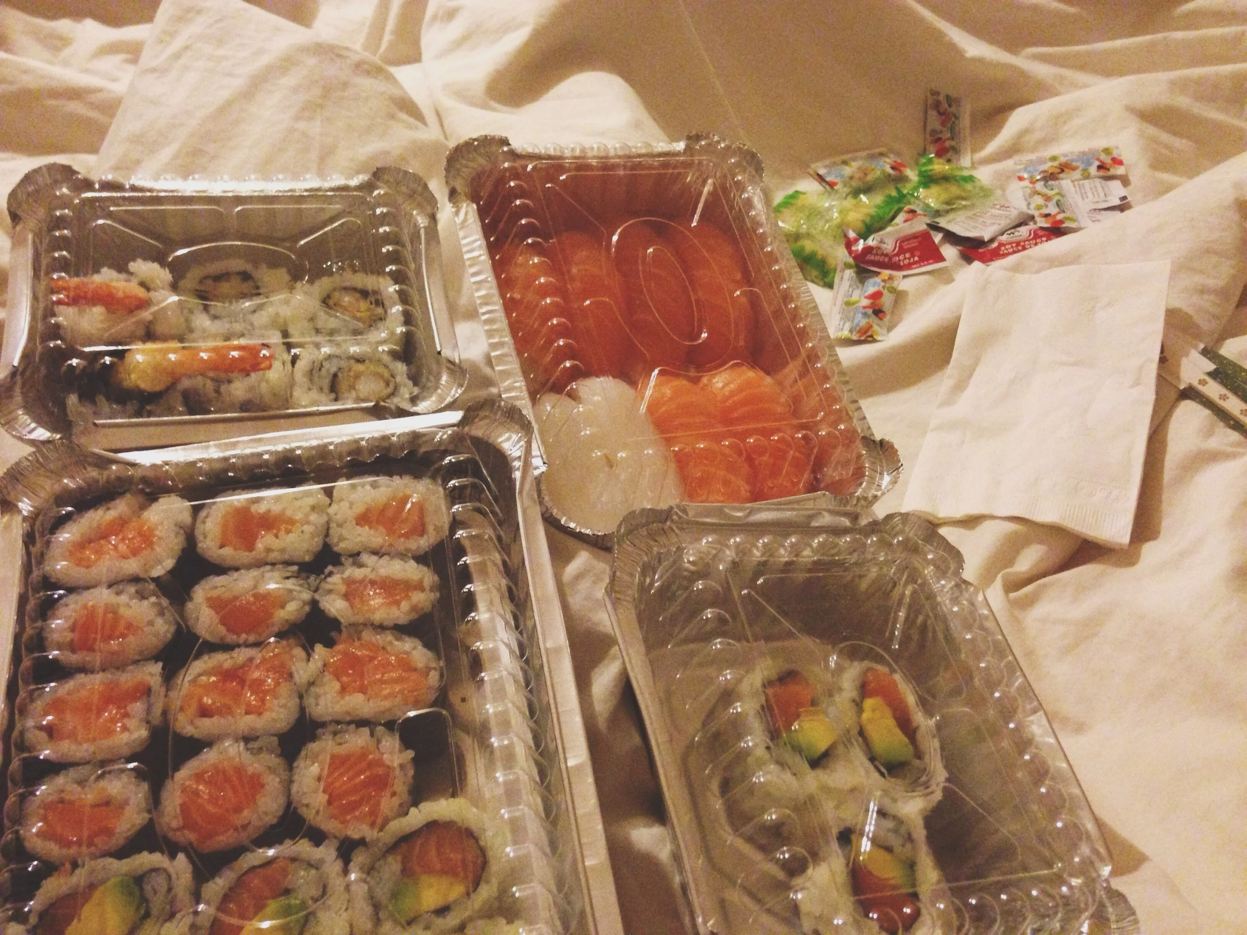 Wednesday was an incredibly long day but my sweet sweet husband brought me home my favorite. Yes, you guessed it. Sushi. And of course I ate it all in bed. 