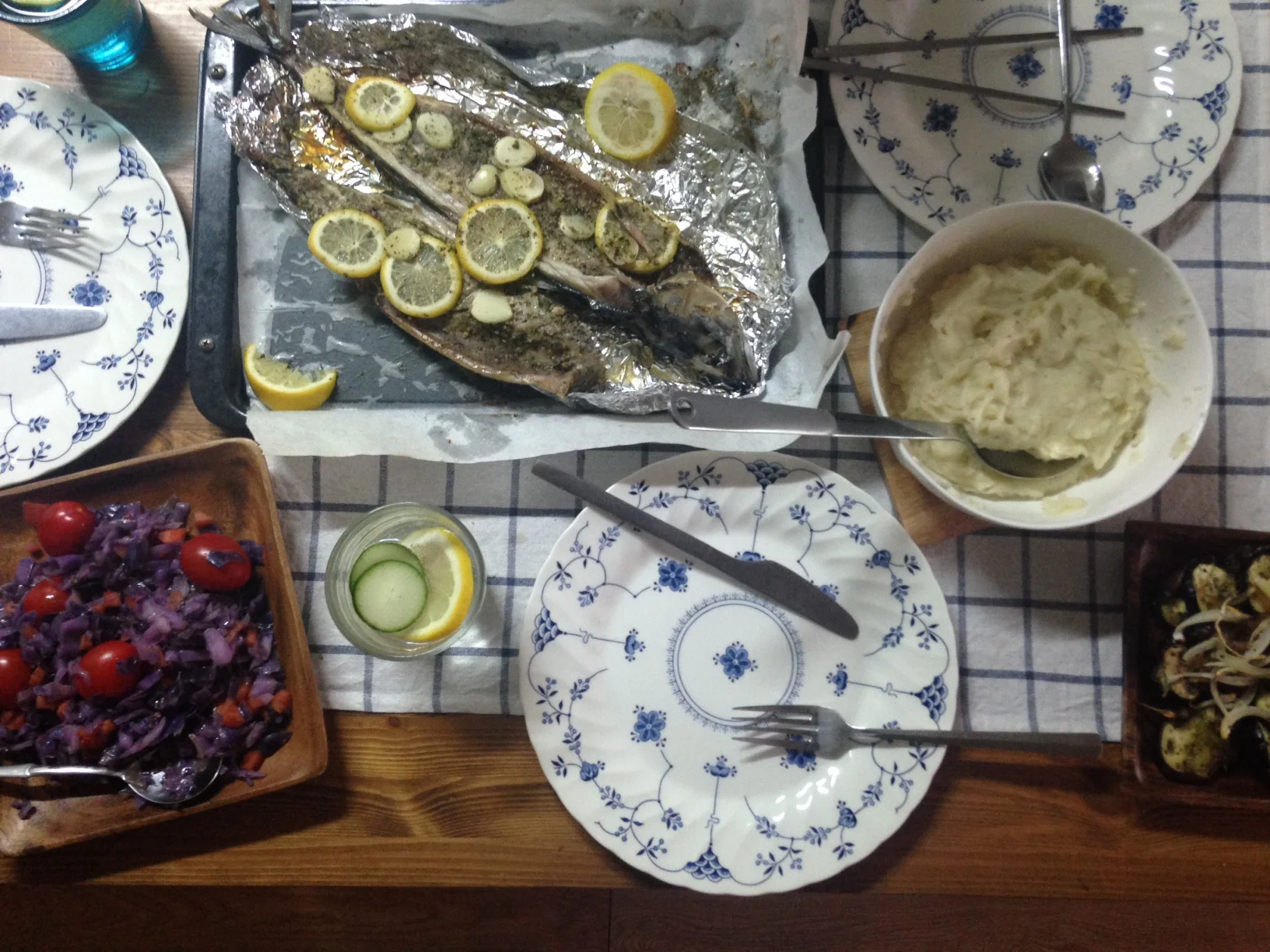 Dinner @"The Garden": Grilled fish, sauteed cabbage and tomatoes, cauliflower, and mashed potatoes