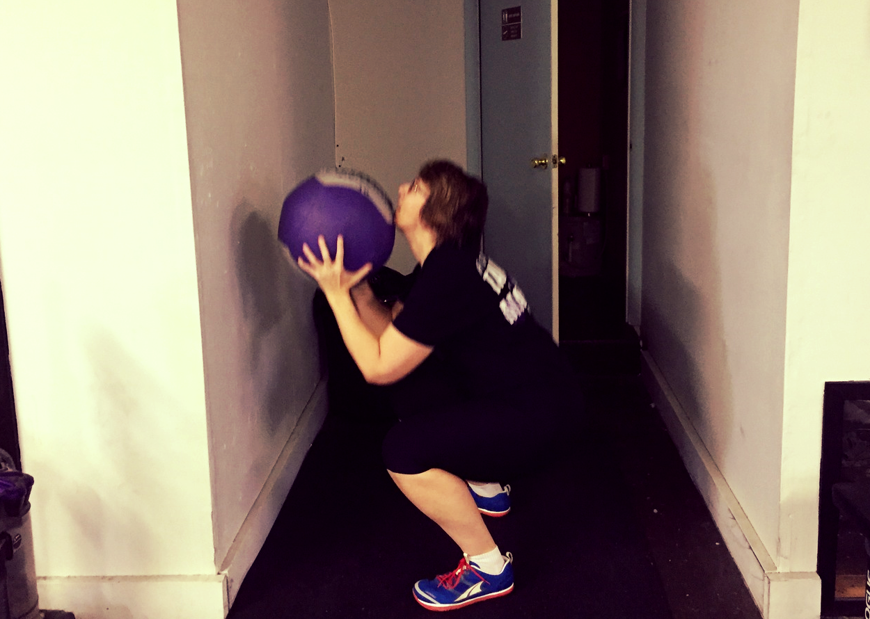 When the gym gets crowded, don't be afraid of the bathroom wall ball station:)