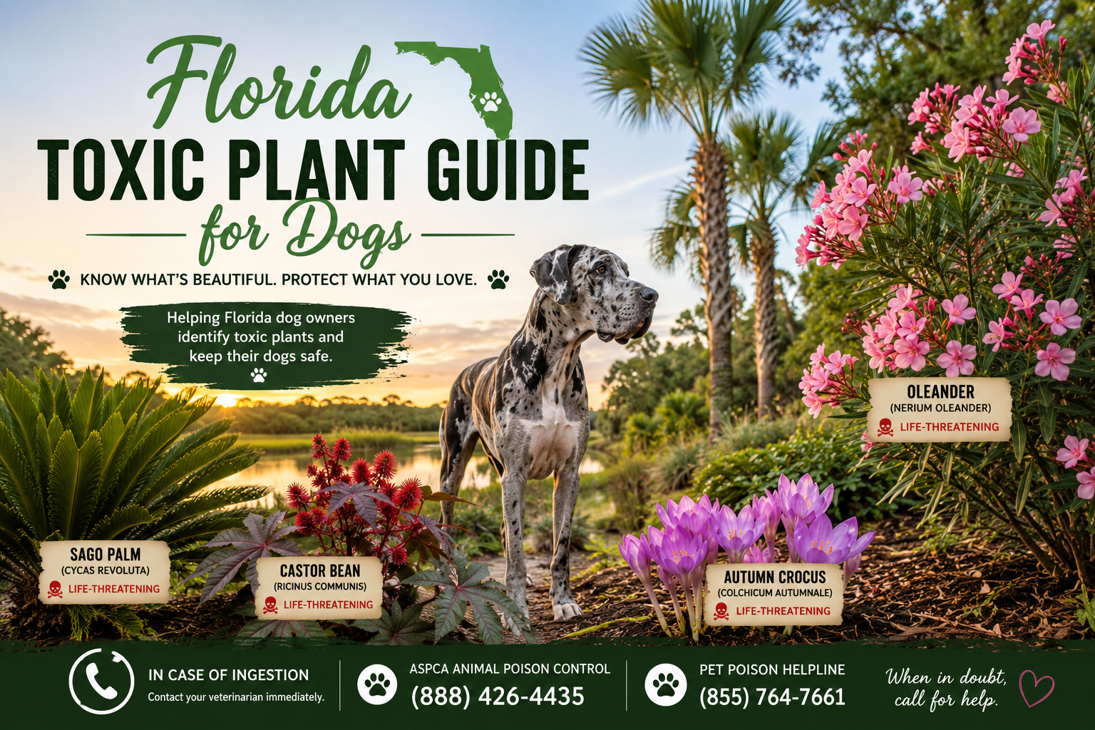 Florida landscape featuring a Great Dane surrounded by sago palm, oleander, castor bean, and autumn crocus, illustrating common toxic plants dangerous to dogs.