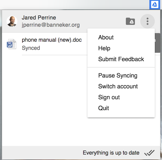 If you click that icon at the top of your screen, you can log in and out of Google Drive.