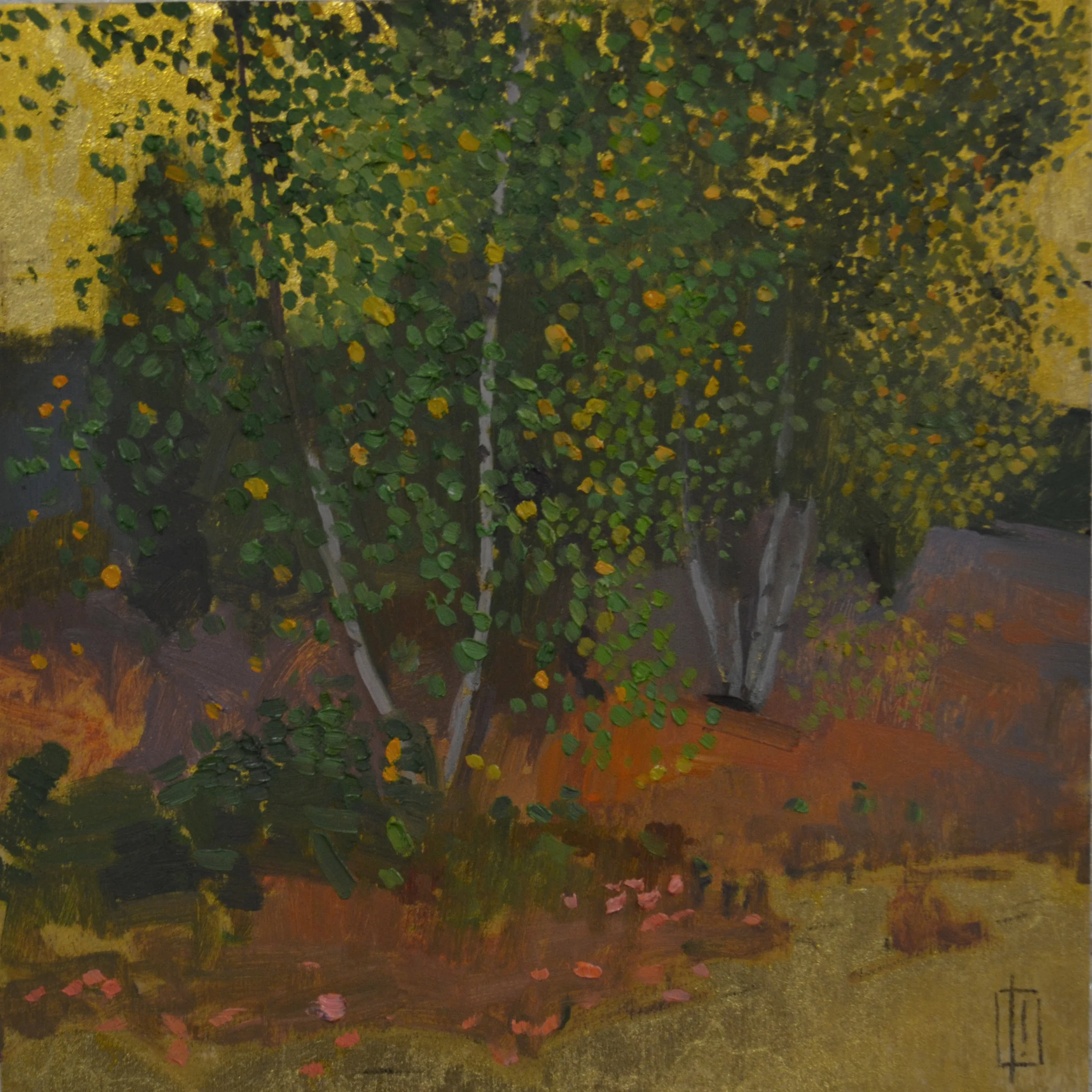 Birches 12 x 12 oil on 23k gilded panel sold