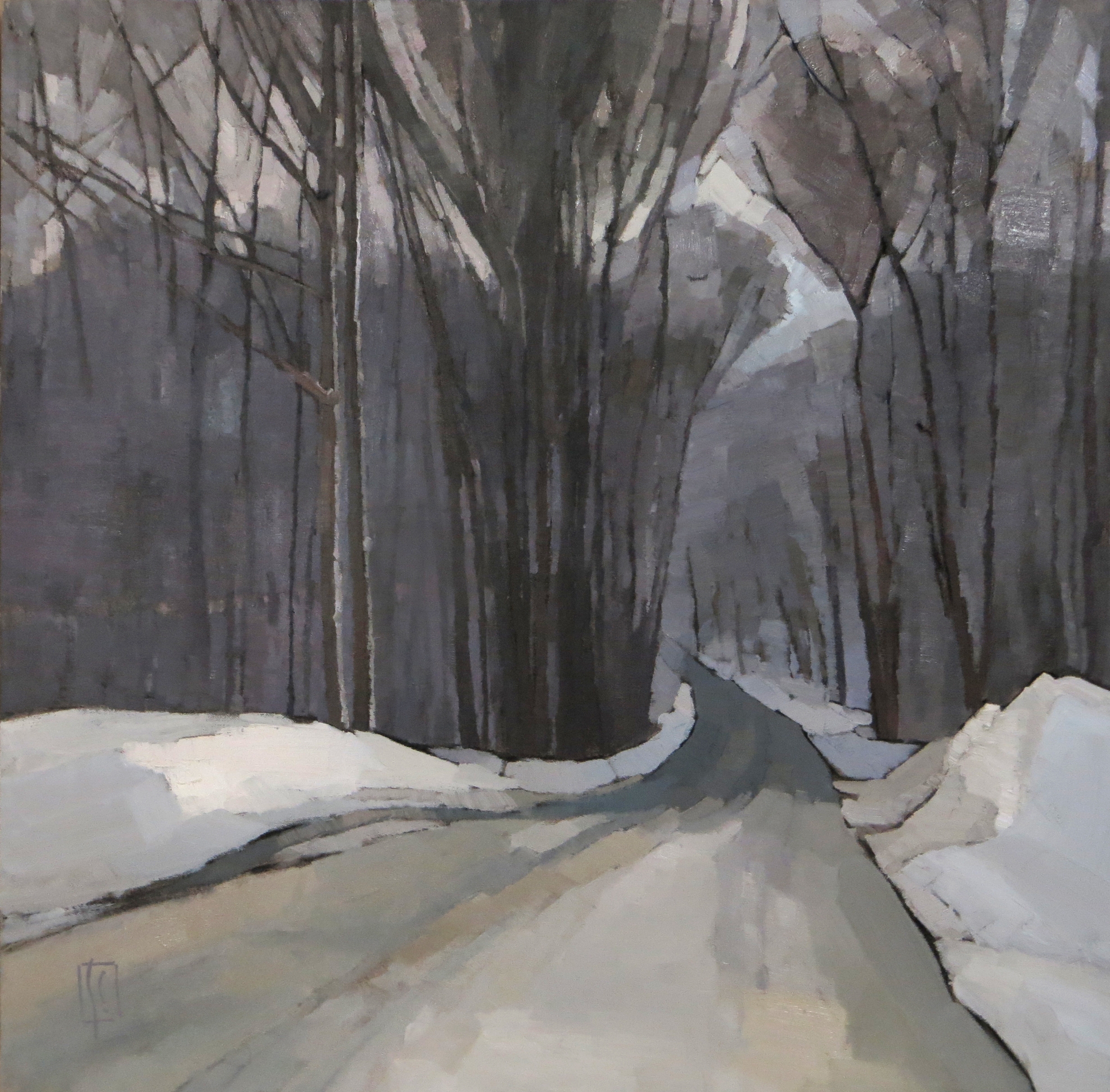 Winter Woods 23.5 x 23.5 oil on linen First Prize Oil Painting Newburyport Art Association Winter Juried Show Karen Haas Juror, Curator MFA sold