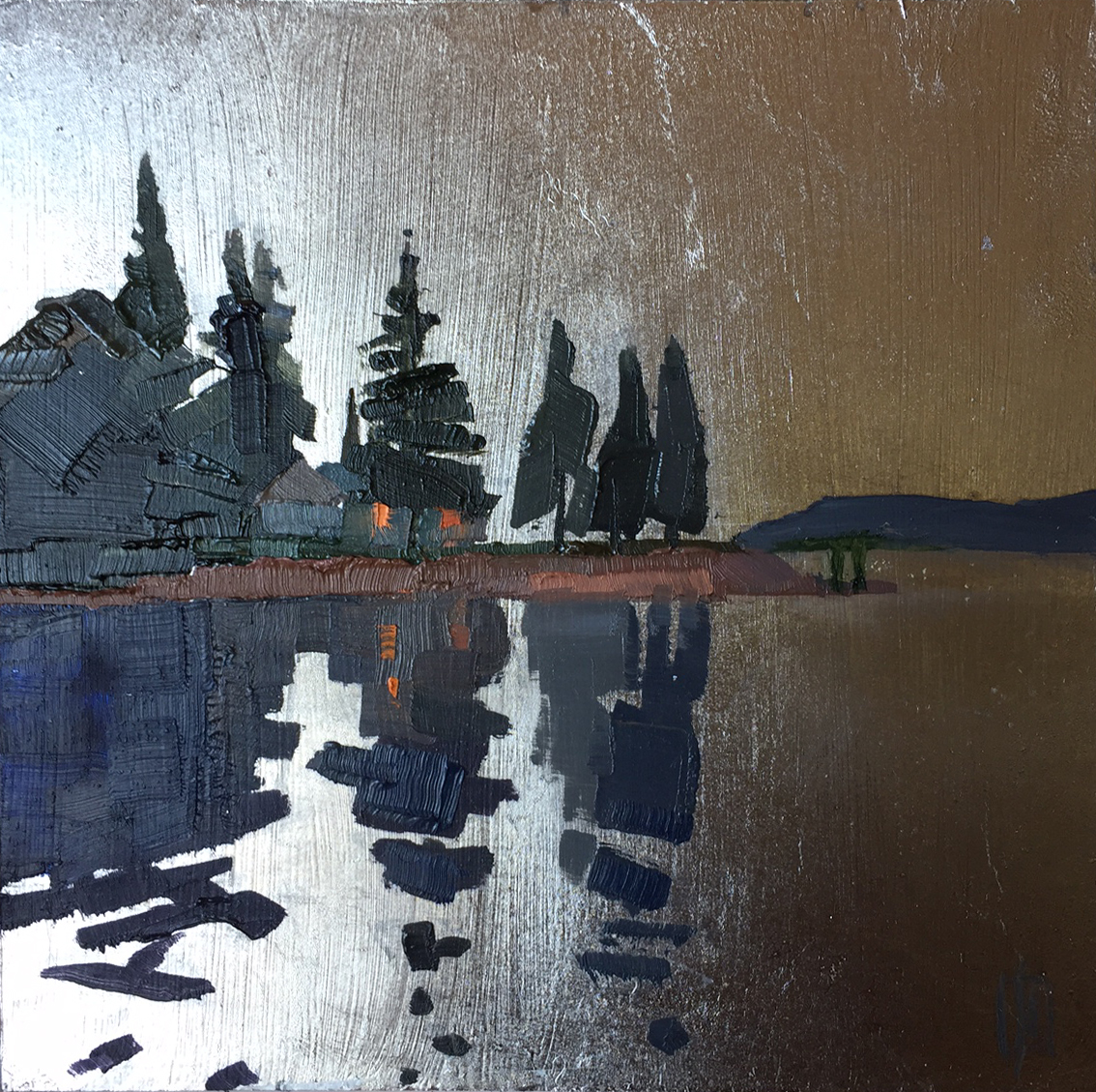   Southwest Harbor Evening  6 x 6 oil on palladium gilded panel  sold   Islesford Artists Gallery  