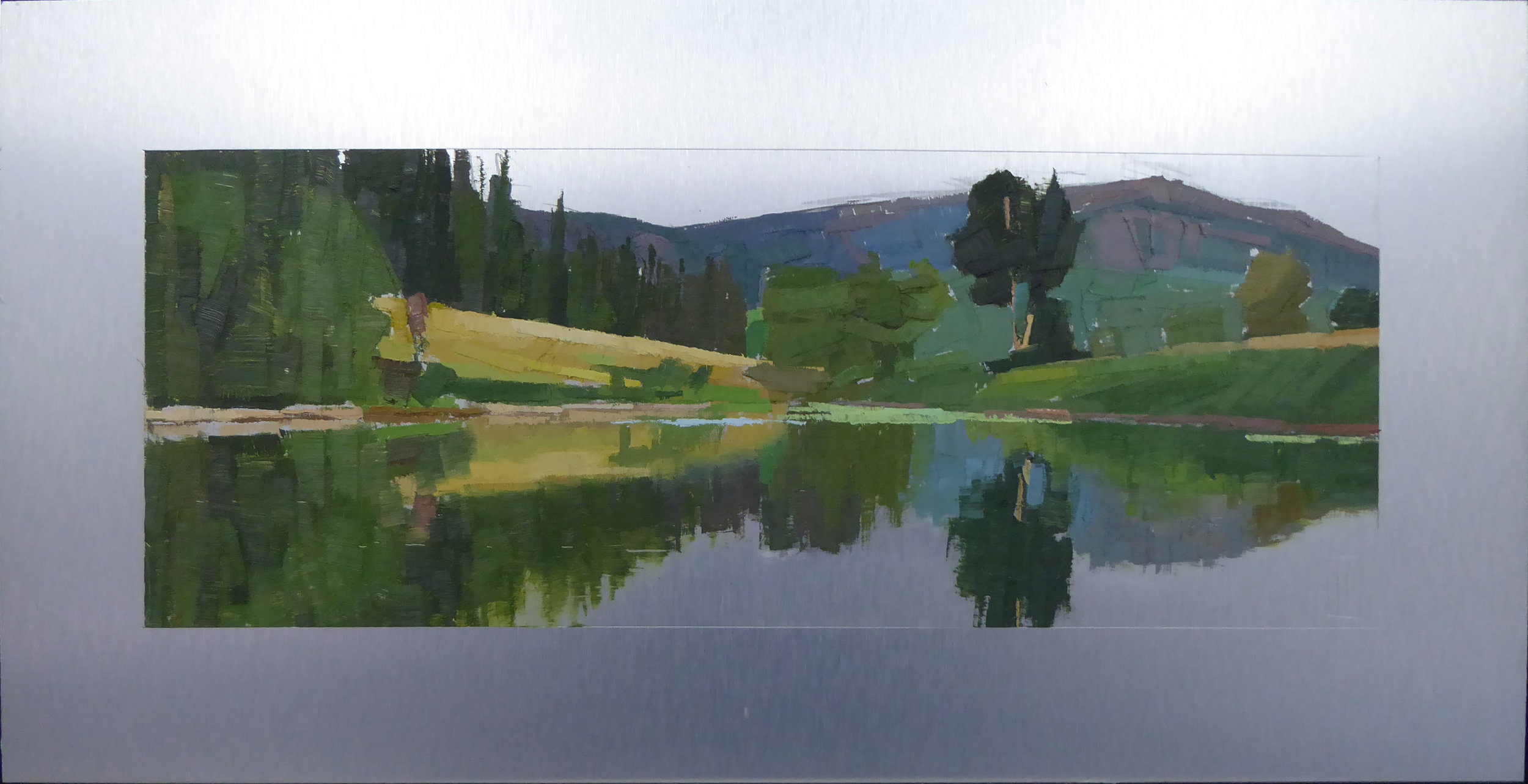   Long Pond Shining  6 x 16 painting  oil on 10 x 20 aluminum panel   Islesford Artists  