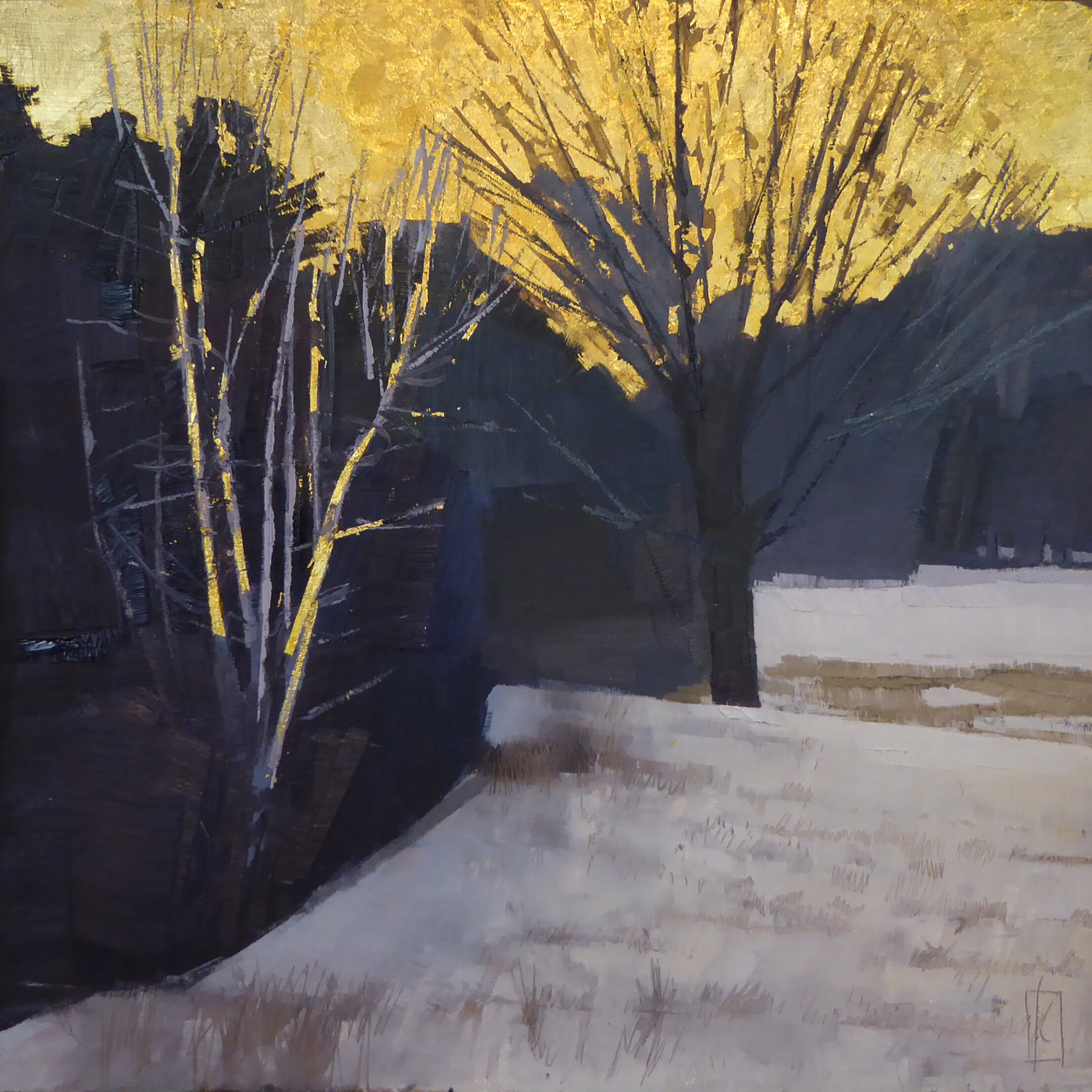   Edge of the Woods  12 x 12 oil and 24k gold on clay panel  sold Alpers Fine Art 