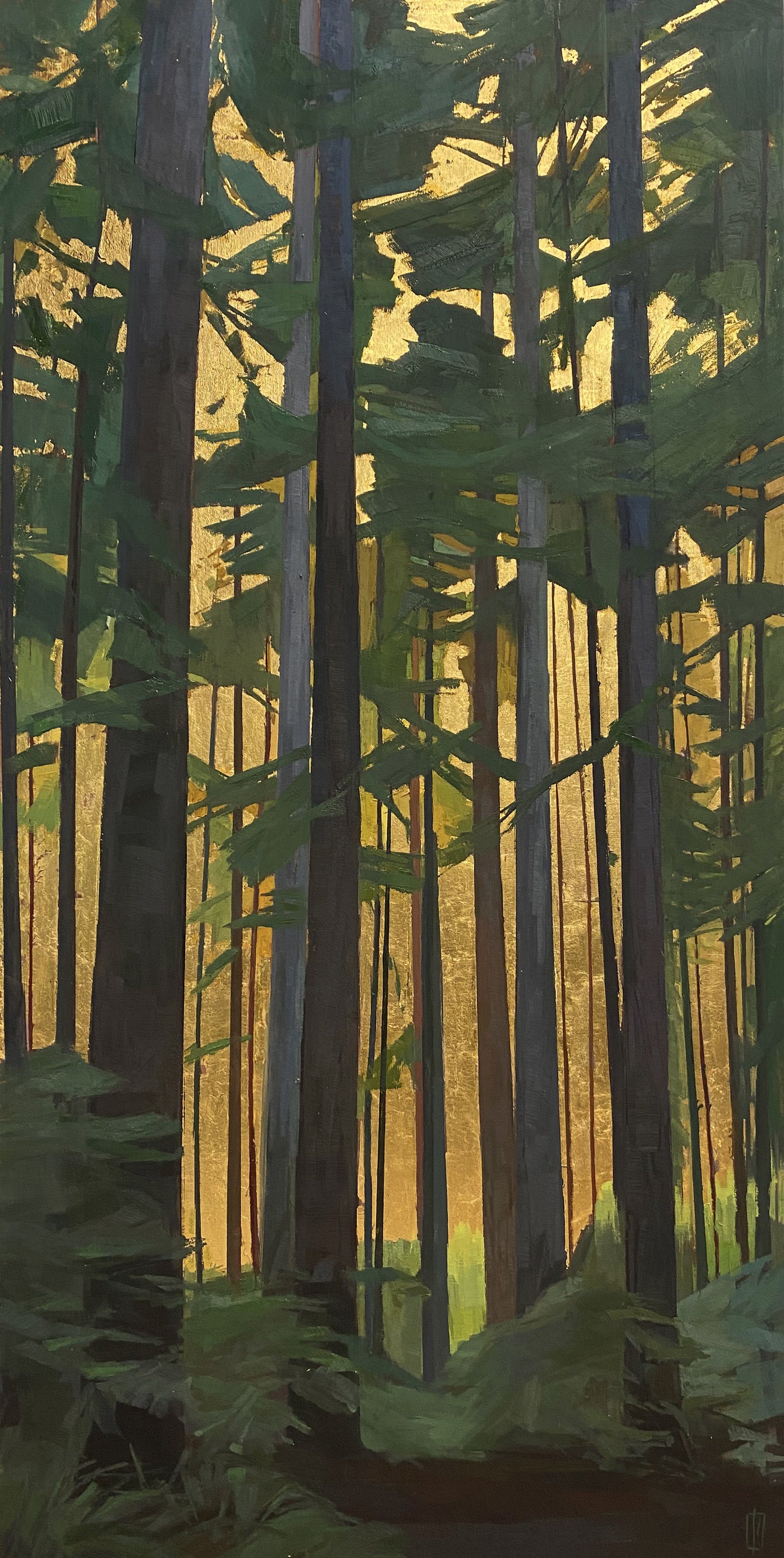   Sun in the Woods  24 x 48 oil &amp; 24k gold on cradled wood panel framed in honey maple floater frame  sold  NW Barrett Gallery, NH 