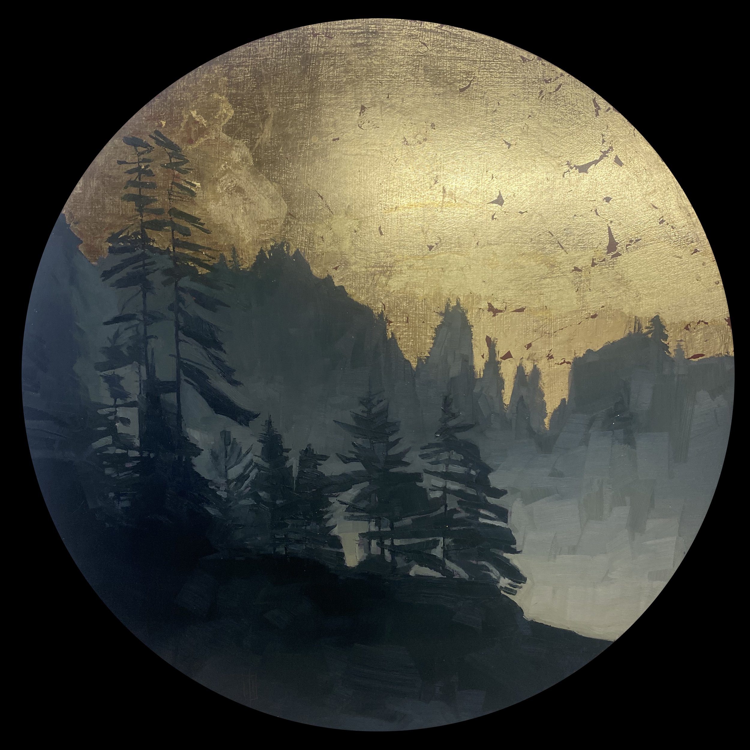   Pines in Fog  20” round oil, gold on wood panel  sold 