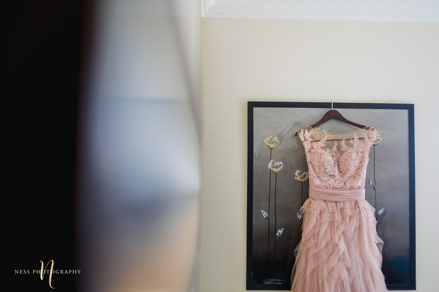 blush wedding dress hanging for montreal elopement 