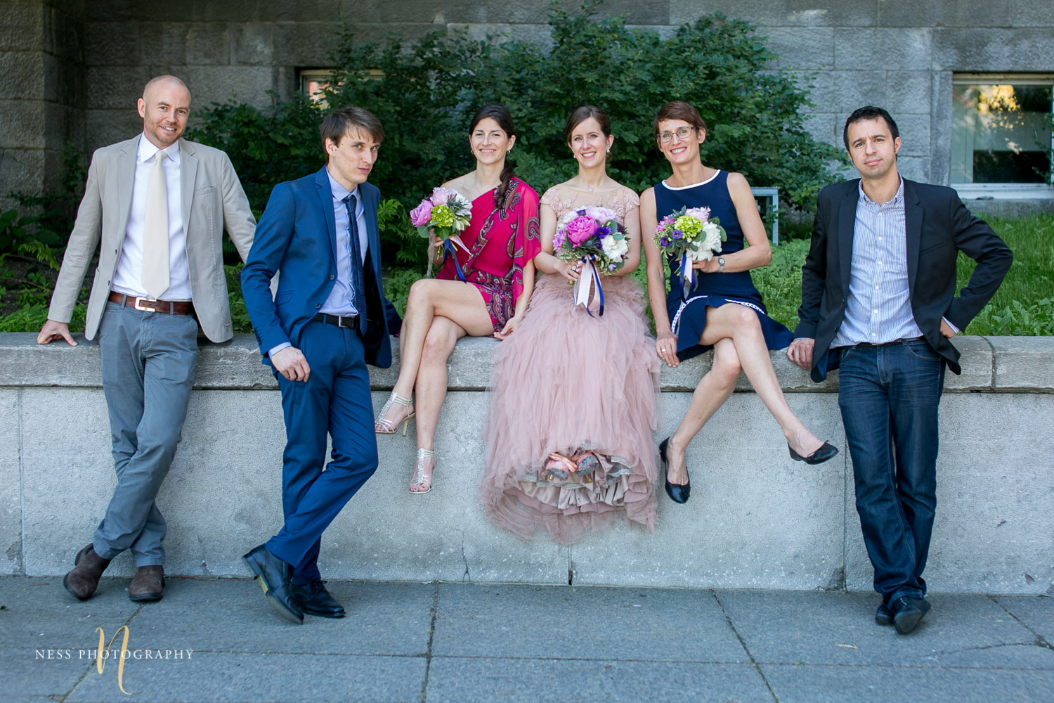 bridal party group photo during montreal elopement in old port