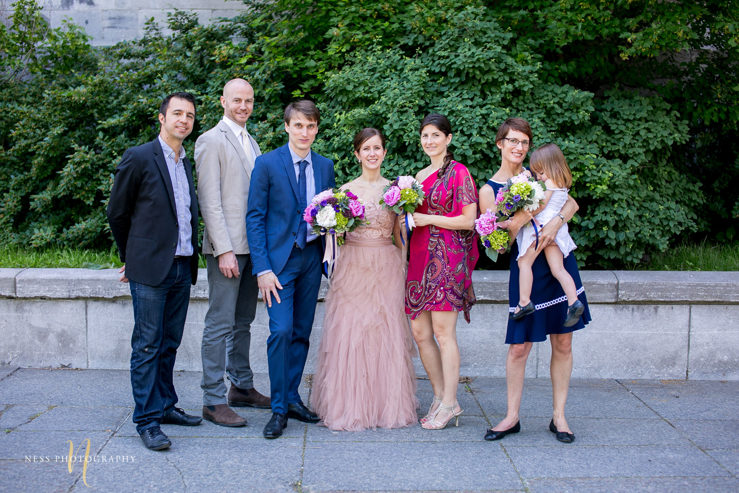 bridal party group photo during montreal elopement in old port