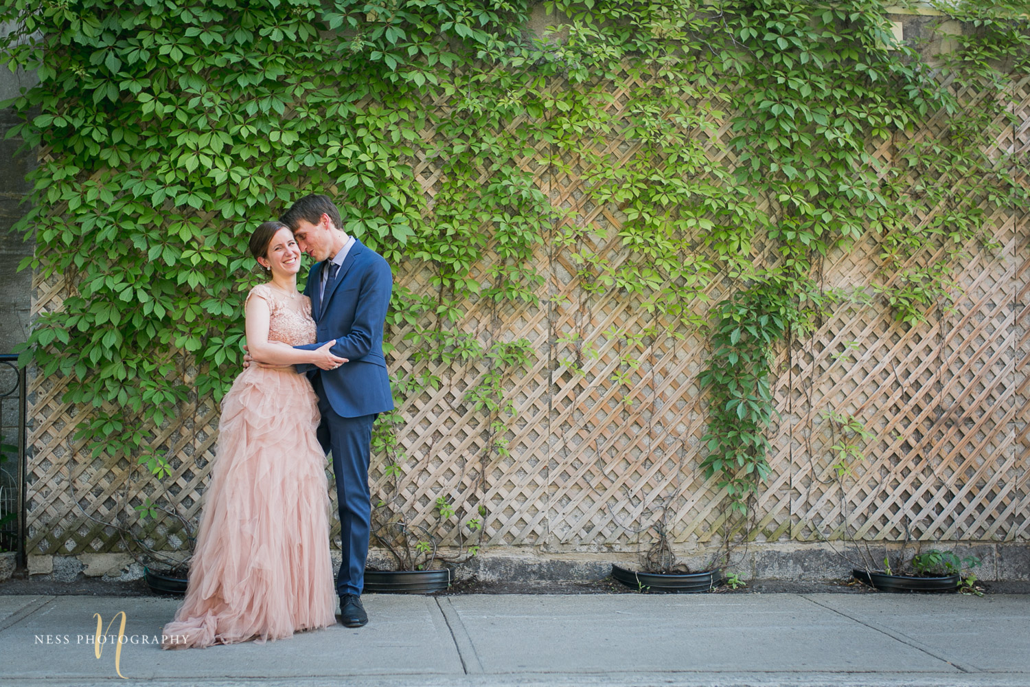 bride and groom in front of vines in plateau mont royal for elopement photos