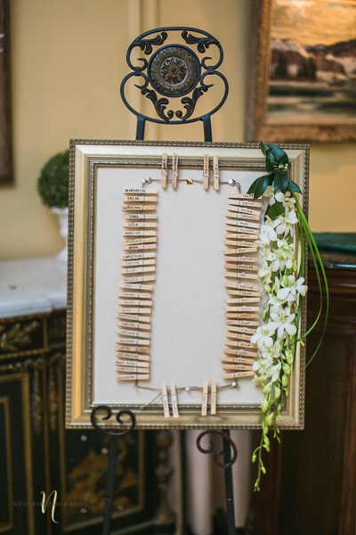 cloth pin seating chart at at Forest and Stream club wedding  by Ness Photography