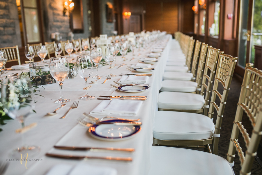 golden table at at Forest and Stream club wedding  by Ness Photography