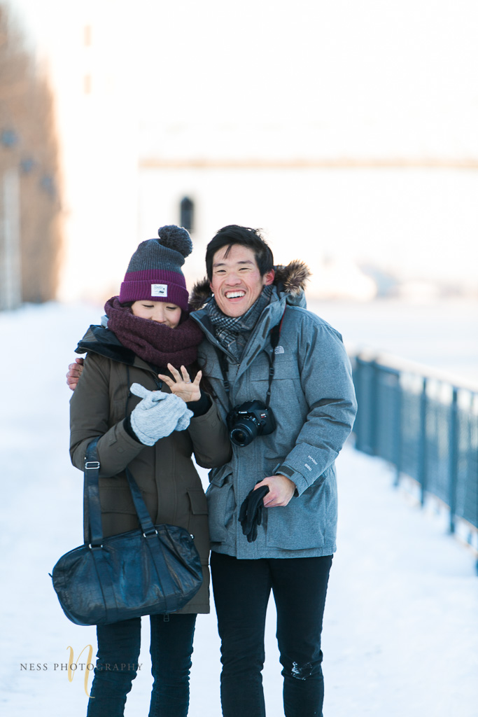 boyfriend proposes in montreal old port in the winter 
